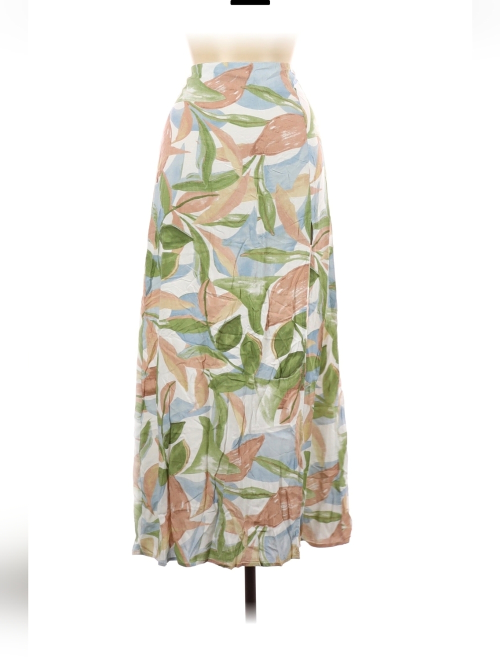 Tropical Leaf-Print Midi Skirt in Green, Blue & Tan